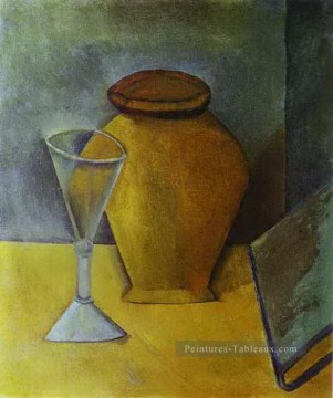 Verre à Vin en Pot et Livre 1908 cubiste Peinture à l'huile